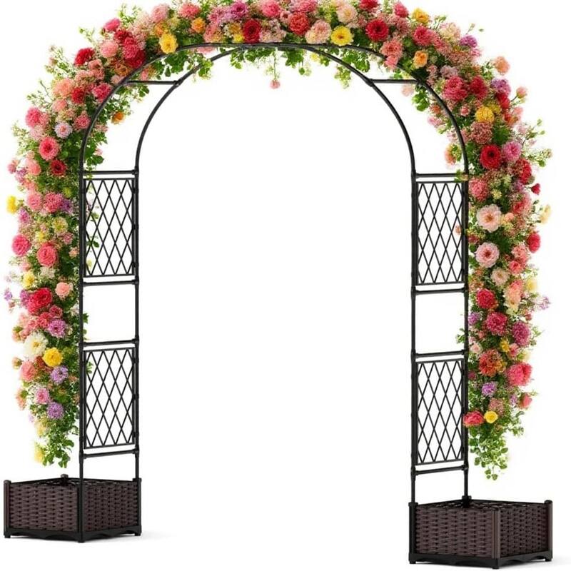 230 x 40 x 220 cm Metal Garden Arch Trellis with Planter Boxes - 90.5 Inch Wedding Arch and Outdoor Arbor for Lawn or Backyard - Big