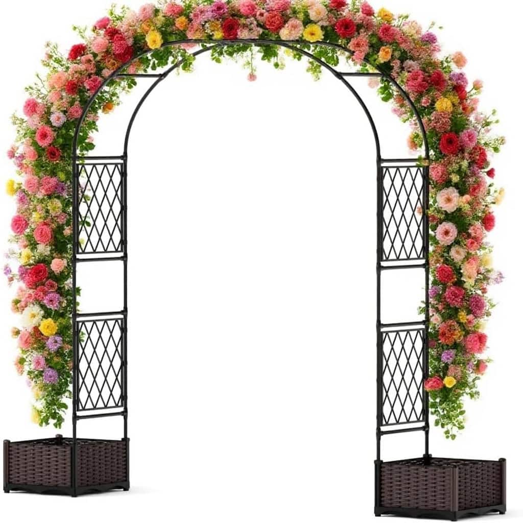 230 x 40 x 220 cm Metal Garden Arch Trellis with Planter Boxes - 90.5 Inch Wedding Arch and Outdoor Arbor for Lawn or Backyard