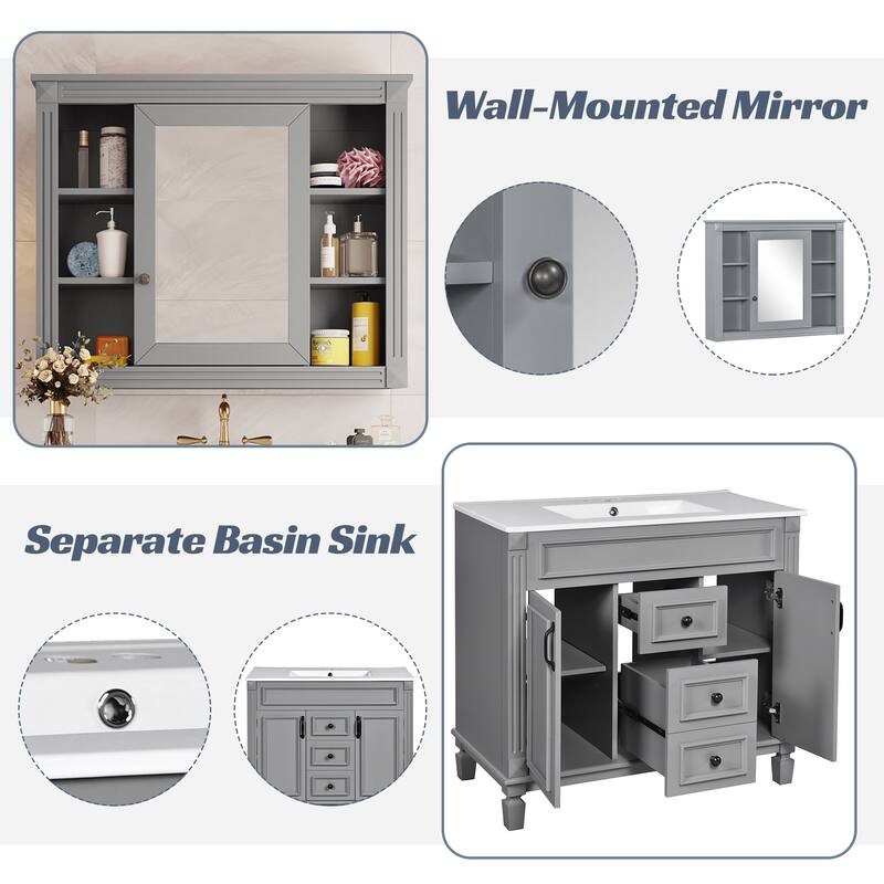 GDFStudio - Marwood Modern Bathroom Vanity Set with Ceramic Sink and Mirror Cabinet with 2 Soft Closing Doors & Drawers - 35.9'W