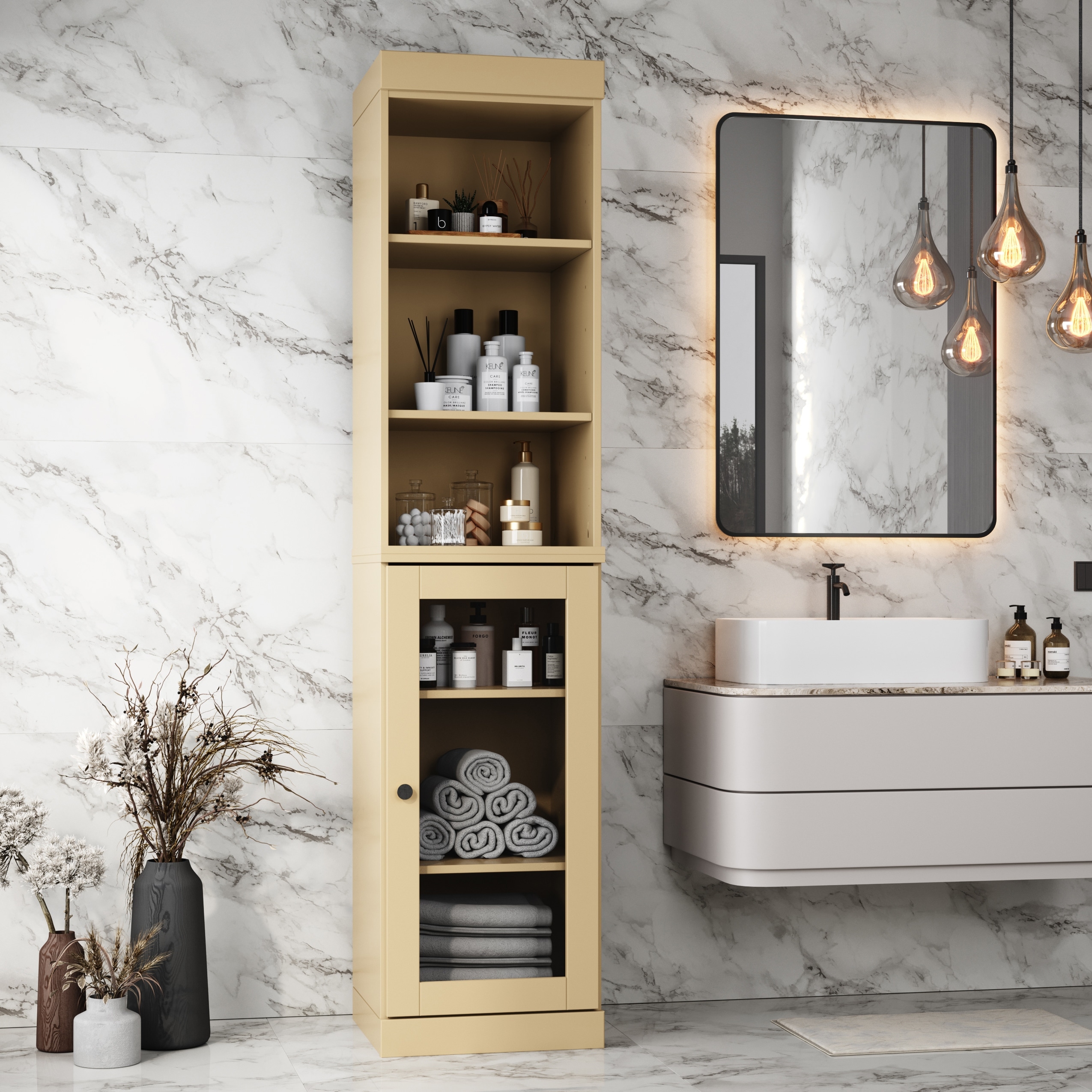 Palace Imports 100% Solid Wood Tall Clear Glass Bathroom Storage Cabinet, 16.5" W x 71.5" H