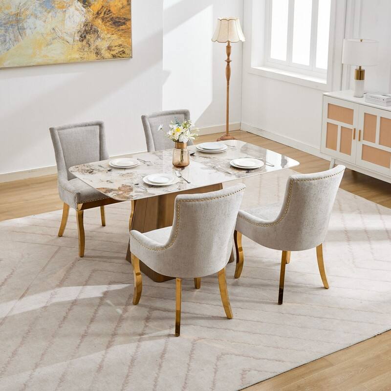 Luxe Curved Accent Dining Chairs with Gold-Plated Legs & Textured Chenille Upholstery, Set of 2