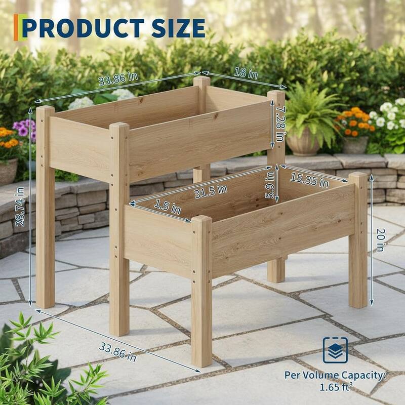Two-Tier Wooden Raised Garden Bed, with 8 Drainage Holes