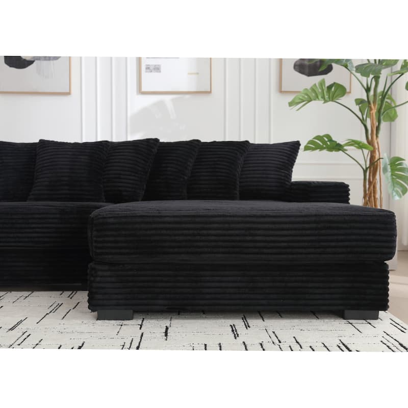 111" Corduroy Upholstered L-Shaped Sectional Sofa with Oversized Chaise Longue and 8 Throw Pillows