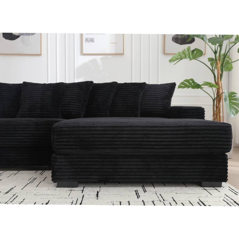 Oversized Two-Piece Corduroy L Shaped Sofa with Right Chaise Daybed and Eight Throw Pillows, Black