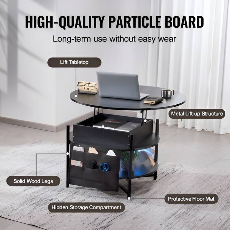 35.3" Round Coffee Table with Lift Top, Hidden Storage & Open Shelf