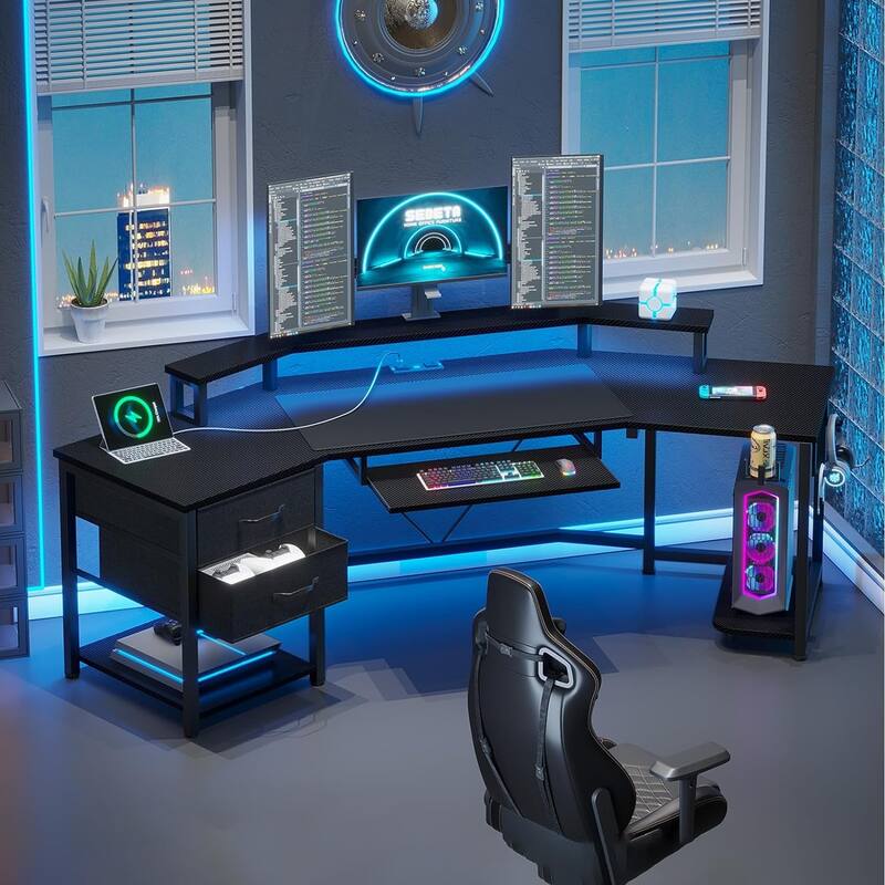 79" L Shape Gaming Desk Computer Desk 2 Fabric Drawers & LED Light
