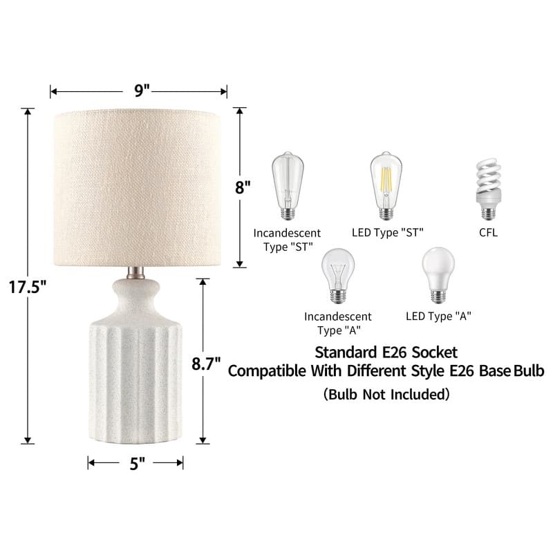 KAWOTI Modern White Ceramic Table Lamp with Linen Drum Shade - W9" x 17.5"