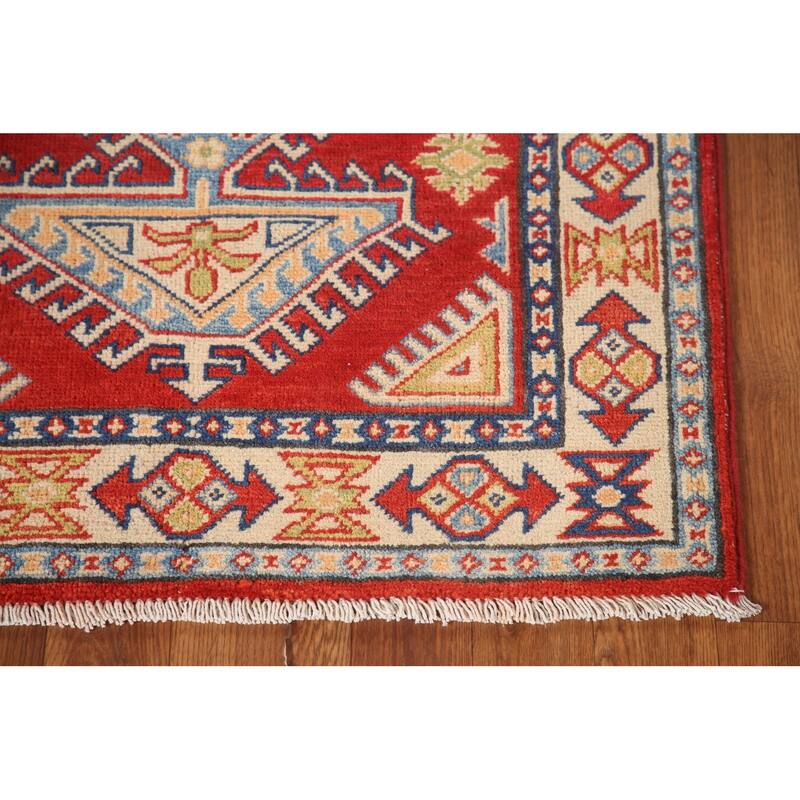 Geometric Kazak Oriental Accent Rug Hand-Knotted Red Wool Carpet - 2'7"x 3'8"