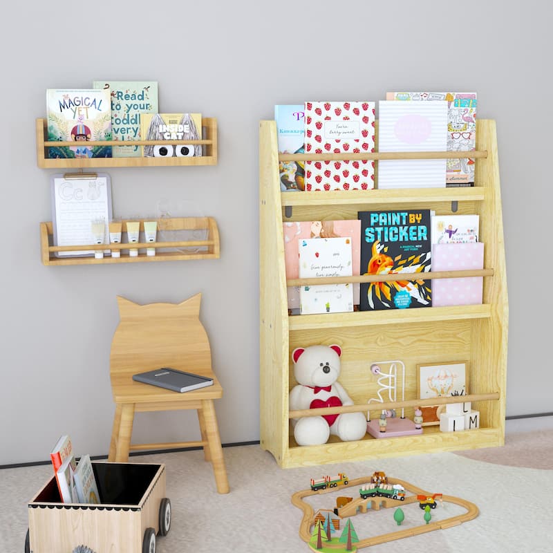 3 Tier MDF Pine Wood Kids Book Rack Shelf with Safe Tip-Over Protection Included for Playroom or Nursery
