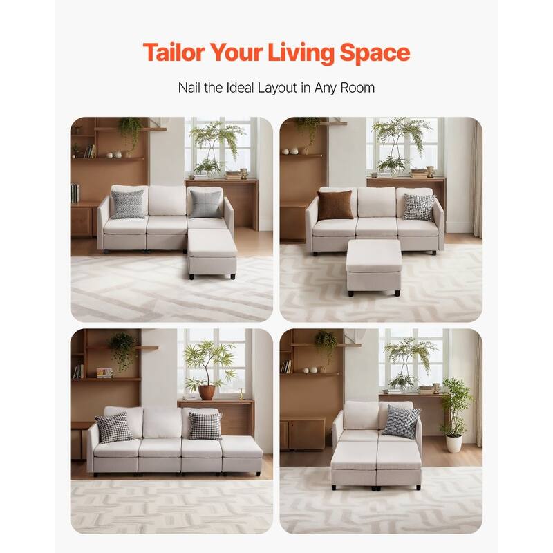 Beige Cotton-Linen Modular Sectional Sofa with Storage, Plush Cushions anda Kid-Friendly Design - 78.3 x 24 x 24 in