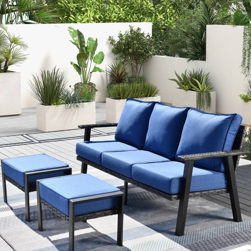 OVIOS Outdoor 3-piece Wicker Sectional Sofa Set With Ottoman Steel Frame