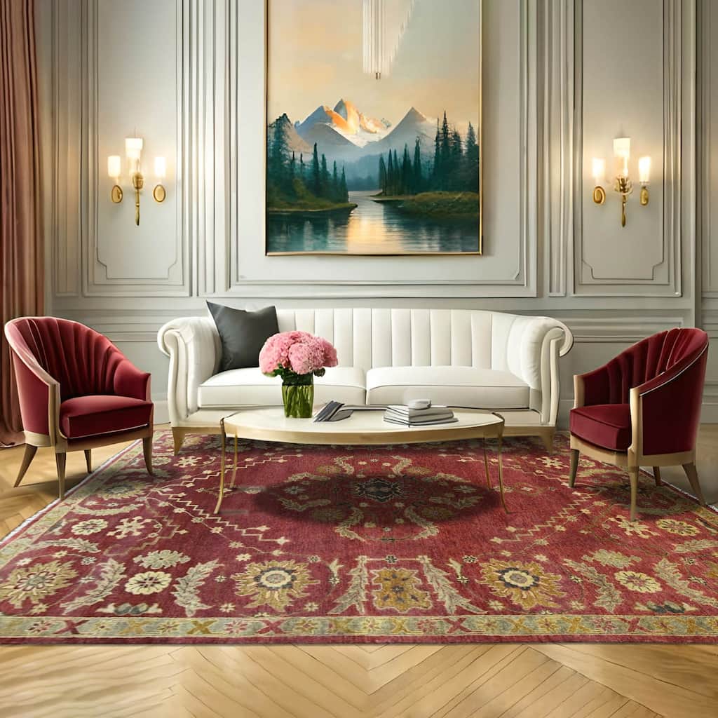 LoomBloom Raspberry Oushak Hand Knotted Traditional Wool Area Rug - 8' 8'' x 11' 7''