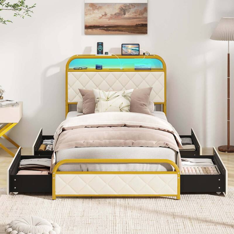 Costway Twin/Full/Queen Size Bed Frame with LED Lights & Charging
