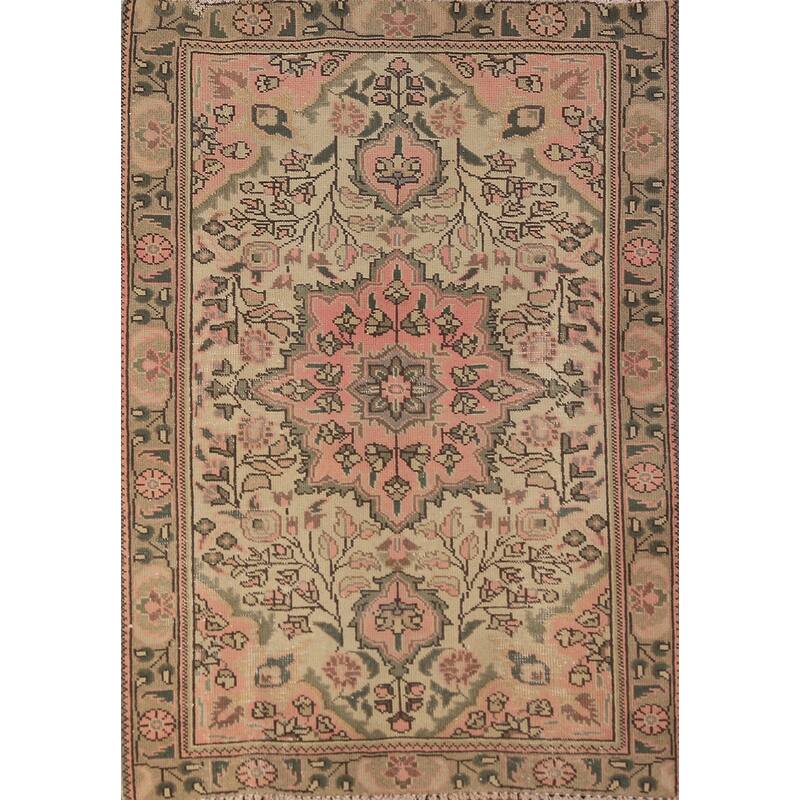 Pink & Beige Floral Tabriz Persian Foyer Rug Handmade Wool Carpet - 3'3"x 4'10"