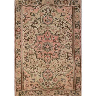 Pink & Beige Floral Tabriz Persian Foyer Rug Handmade Wool Carpet - 3'3"x 4'10"