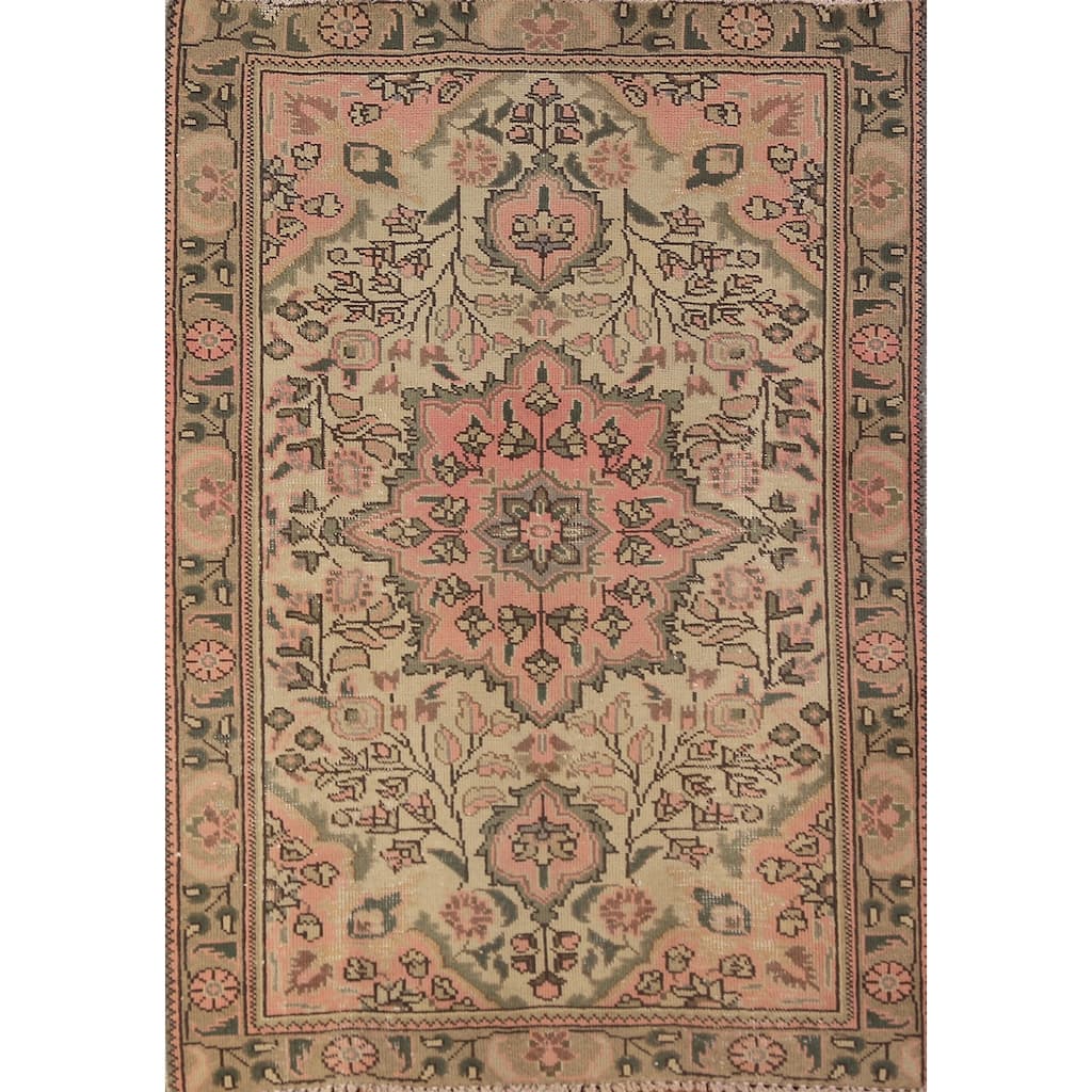 Pink & Beige Floral Tabriz Persian Foyer Rug Handmade Wool Carpet - 3'3"x 4'10"