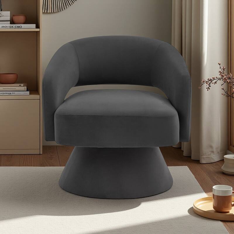 Velvet 360° Swivel Barrel Chair with Rotating Open-Back and Solid Wood Base - Dark Gray