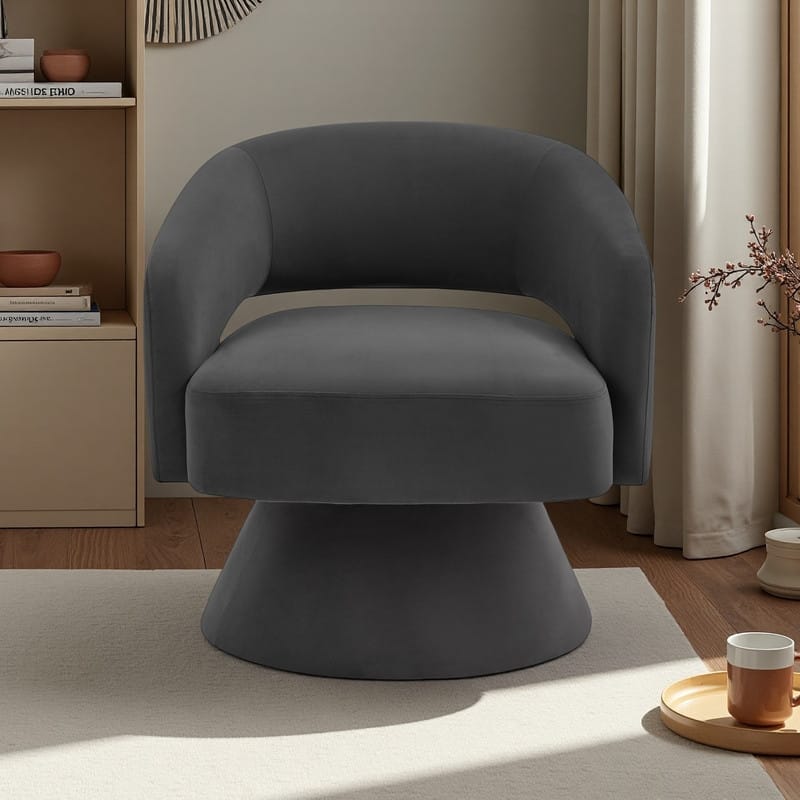 Velvet 360° Swivel Barrel Chair with Rotating Open-Back and Solid Wood Base