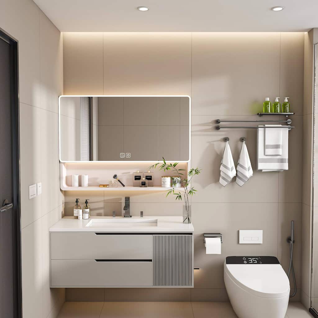 Medicine Cabinet Mirror with LED Light, Defogging Function, Cosmetic Storage Rack, and Hair Dryer Holder for Bathroom