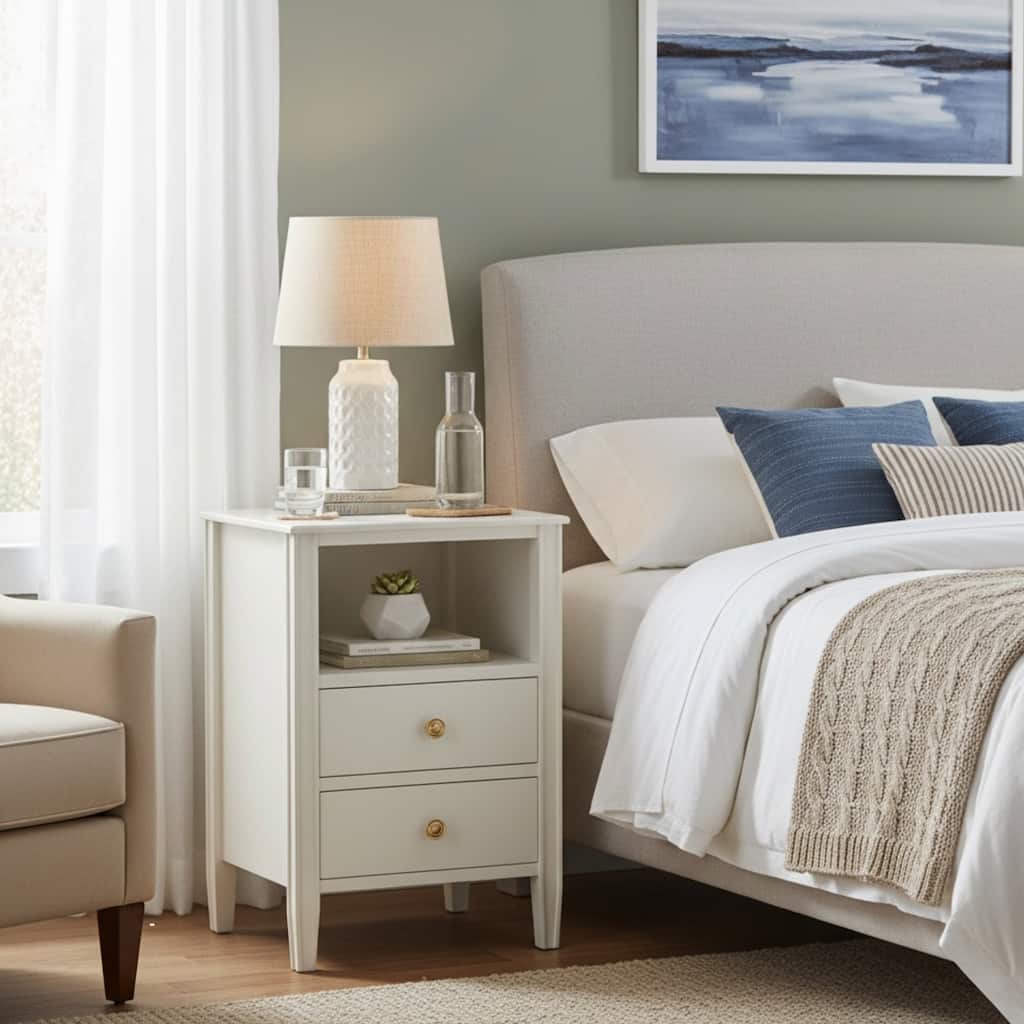 Antique White 2-Drawer Storage Nightstand with Gold Knobs