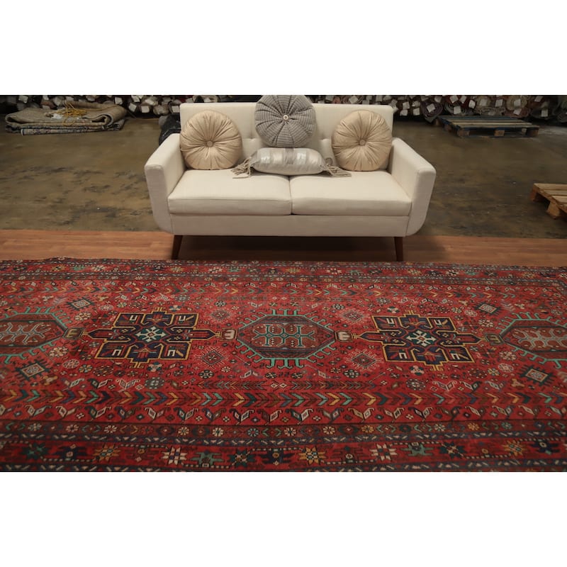 Hand Knotted Oriental 100% Wool Carpet Traditional Geometric Red Heriz Area Rug - 12' 9'' X 5' 1''