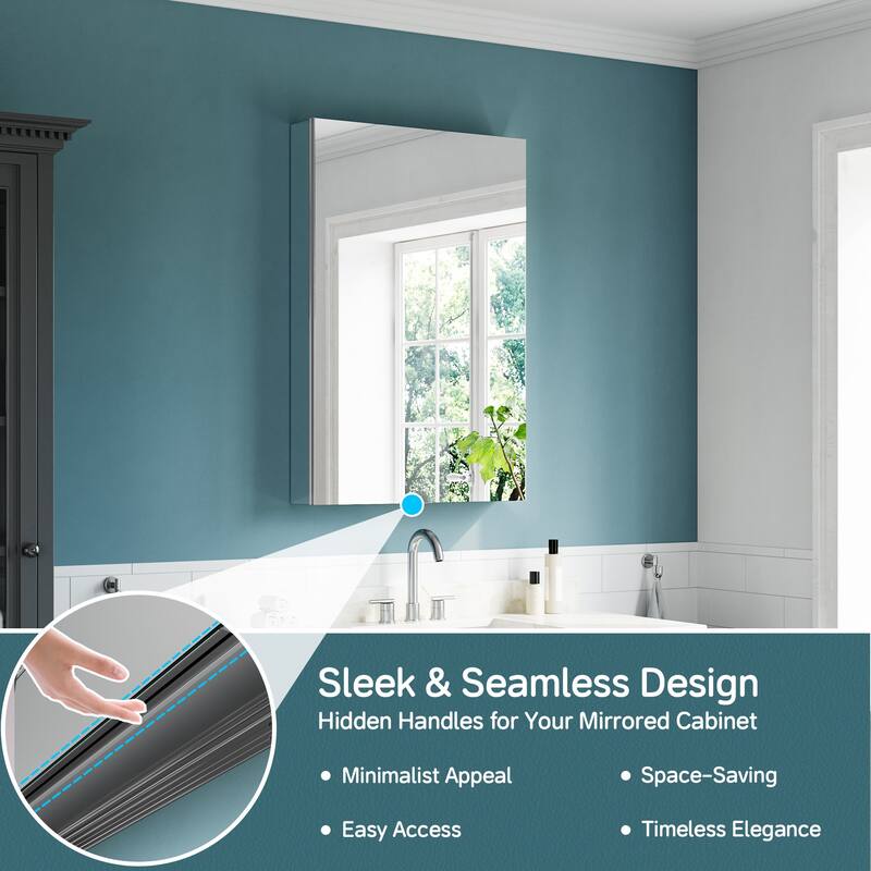 24x36" Tri-View Mirrored Medicine Cabinet, Soft-Close Blum Hinges, Reversible Bi-View Door, Recess/Surface Mount, Aluminum Body