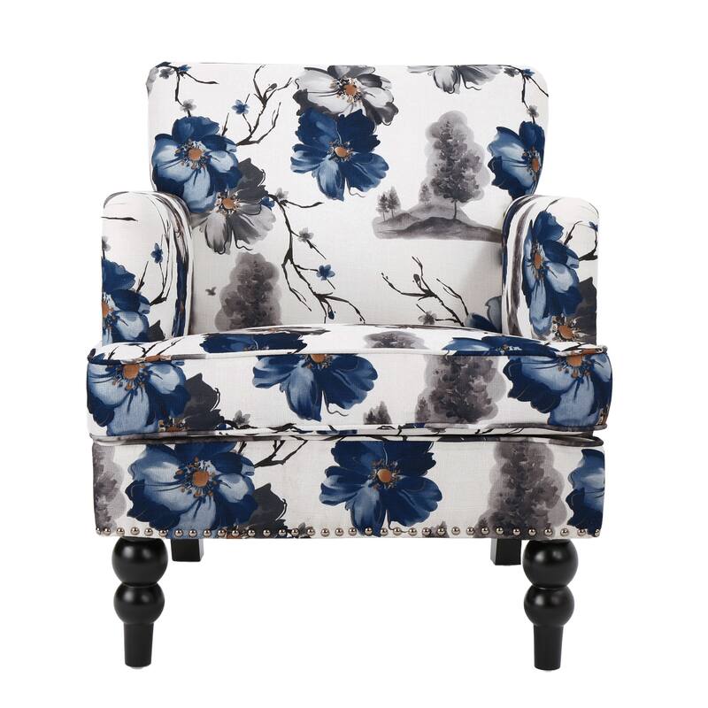 Tufted Floral Fabric Club Armchair with Turned Wood Legs and Nailhead Accents - Multi-Color