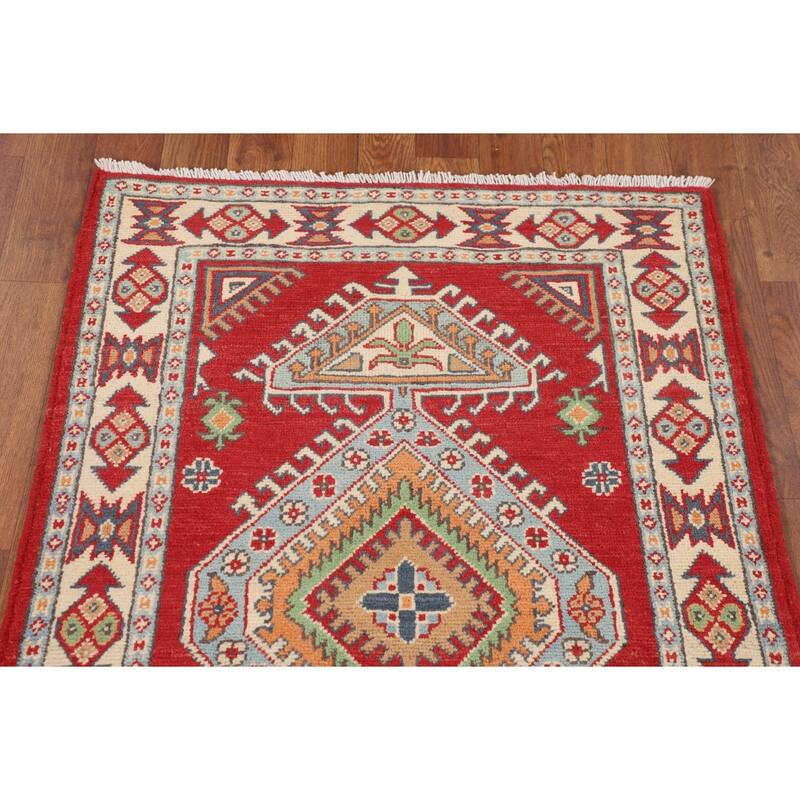 Geometric Red Kazak Oriental Accent Rug Handmade Foyer Wool Carpet - 2'7" x 3'10"