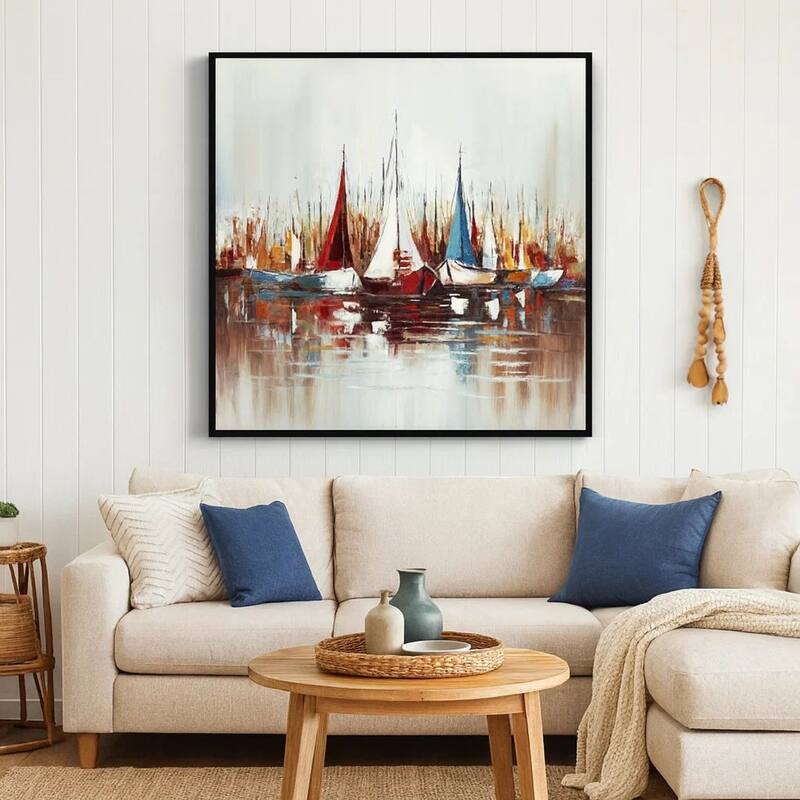 Hy 47 x 47 Hand Painted Multicolor Boats in Standing Water, Black PS Frame - White, Blue, Red, Yellow
