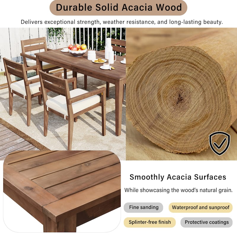 7 Pieces Acacia Wood Outdoor Dining Set with Cushions,Modern 6 Chairs and 1 Large Table, Dining Furniture Set