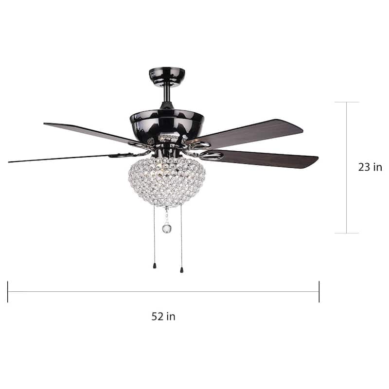 Black 52-inch 3-light Lighted Ceiling Fan w Crystal Basket Shade 5-blade 2 Color Pull Chain
