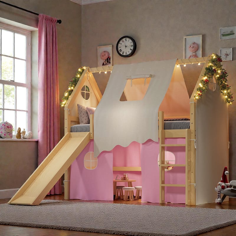 House Loft Bed with Slide & Tent, Solid Wood Kids Bed w/ Ladder, Guardrails, Playhouse Design, No Box Spring Needed