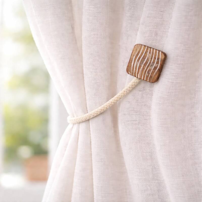Magnetic Curtain Tiebacks 17 in Wood Rope - 1 Tieback - Natural
