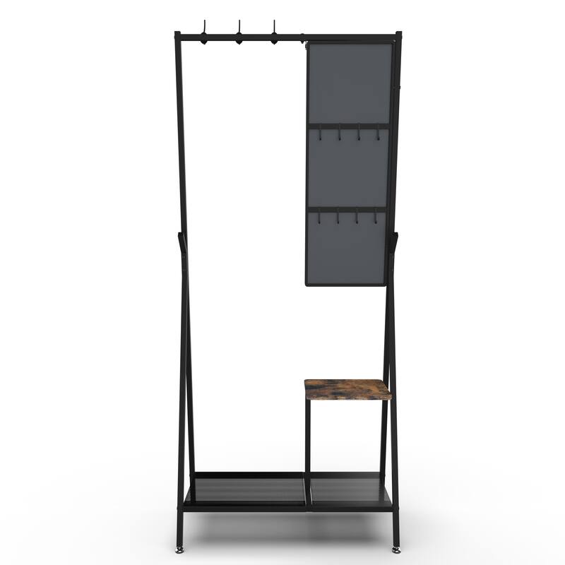 Industrial-Style Foyer Coat Rack with Shoe Cabinet Mirror, Aluminum Frame, for Living Room and Bedroom
