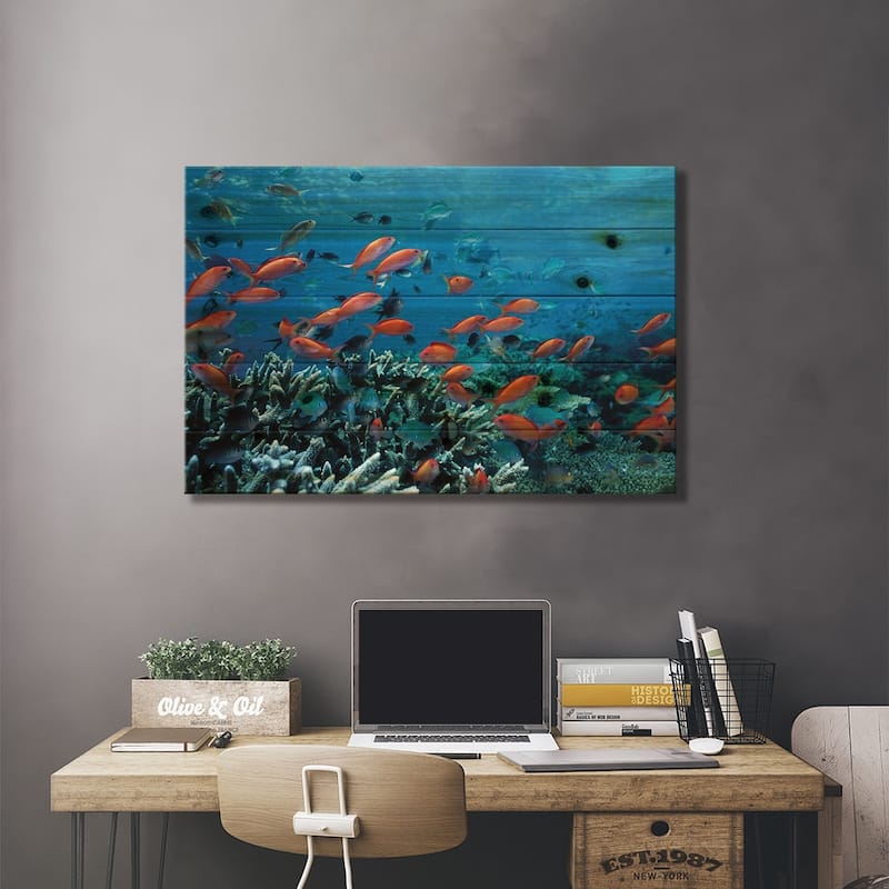 Ocean Fish Coral Reef Print On Wood by Unknown Artist - Multi-Color
