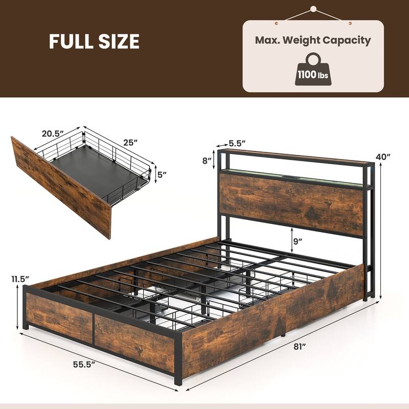 Gymax Full/Queen Industrial Platform Bed Frame with Storage Drawers &