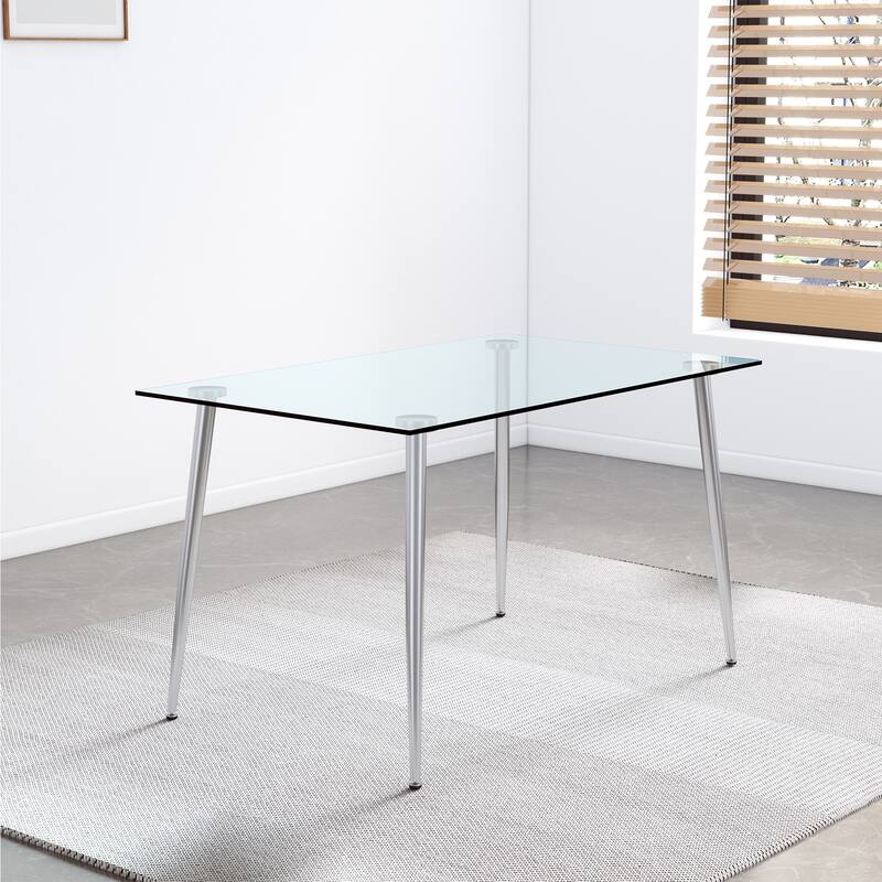 Modern Minimalist Rectangular Glass Dining Table for 4-6 with 0.31" Tempered Glass Tabletop and Silver plating Metal Legs