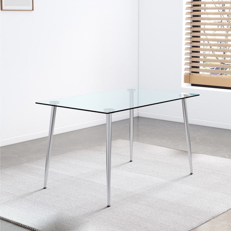 Modern Rectangular Dining Table Set for 4, 51" Glass Table with 4 Faux Leather Chairs, 5-Piece Stylish Dining Table & Chair Set
