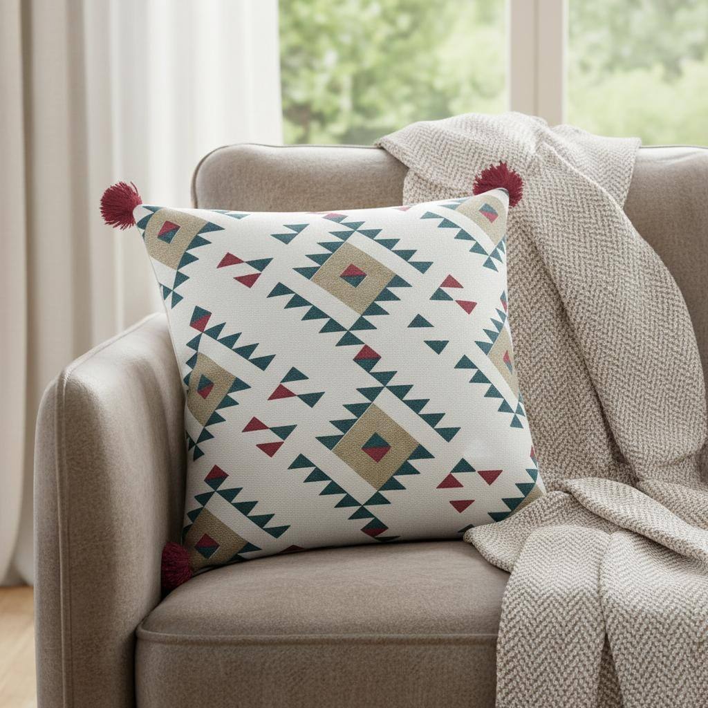 20" X 20" White Burgundy Tan And Teal 100% Cotton Geometric Zippered Pillow - 20.00 in. x 20.00 in. x 4.00 in.