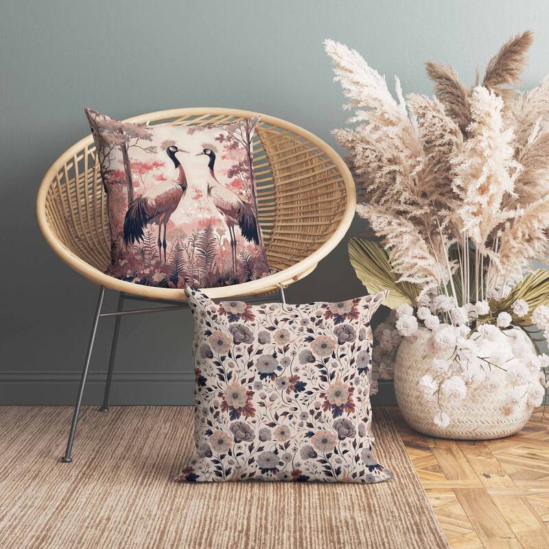 Autumnal Cranes Indoor/Outdoor Reversible Throw Pillow Pink and Black