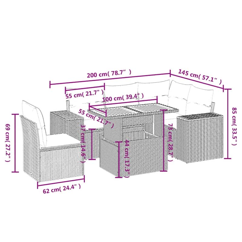 vidaXL Patio Sofa Set with Cushions Outdoor Furniture 6 Piece Poly Rattan - 24.4 x 24.4 x 27.2