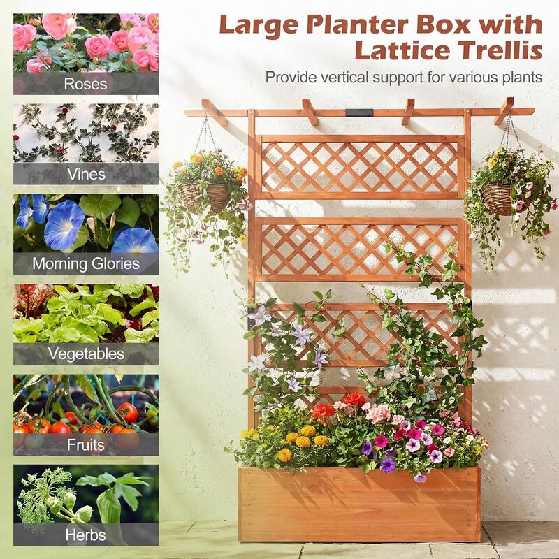 Gymax 2PCS Wooden Planter Box w/Lattice Trellis Flat Roof Drainage for