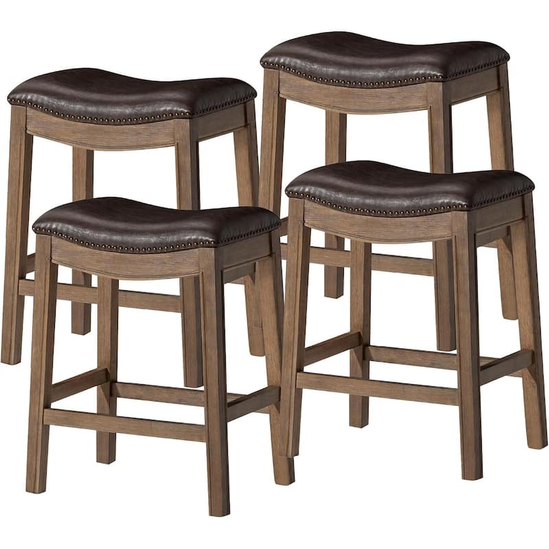 Maven Lane 26" Adrien Saddle Kitchen Counter Height Stool - Walnut Vegan Leather - Set of 4