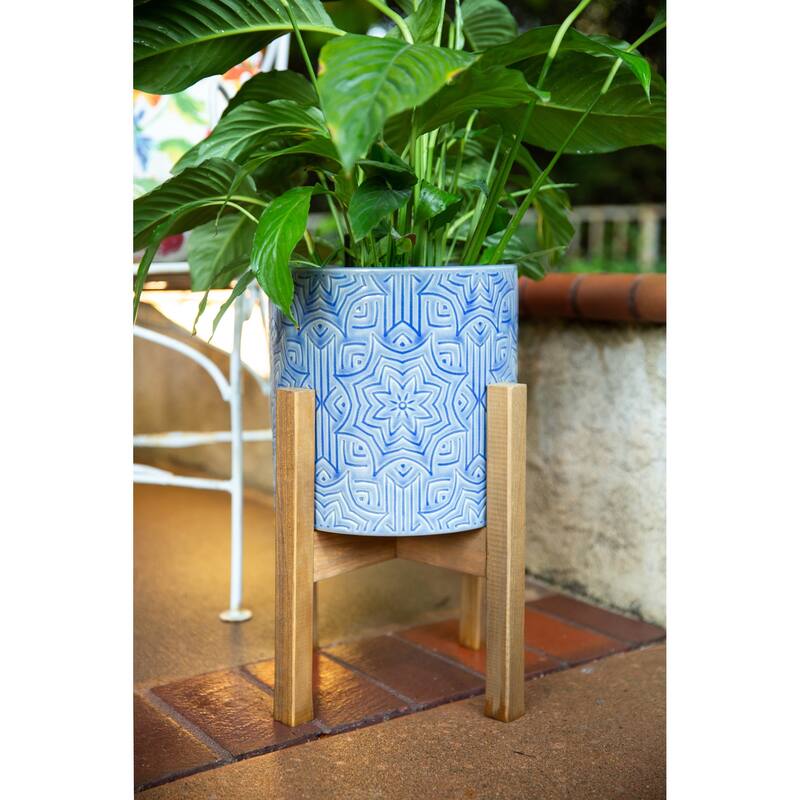10" & 8" Star Ceramic Planter on Wood Stand Set of 2