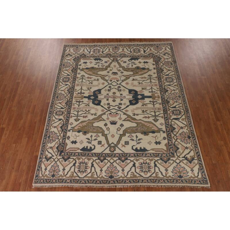 Beige / Ivory Oushak Oriental Area Rug Handmade Wool Carpet - 8'0"x 9'11"