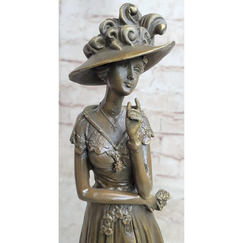 Young Woman In Victorian Fashion Hat Bronze Metal Figure Statue Sculpture Decor