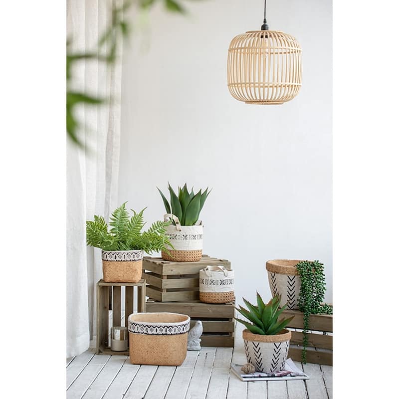 Set of 2 Rectangular Basket Planters with Geometric Trim, L:10.5x8.5x8" S:7.5x5.5x6.5"