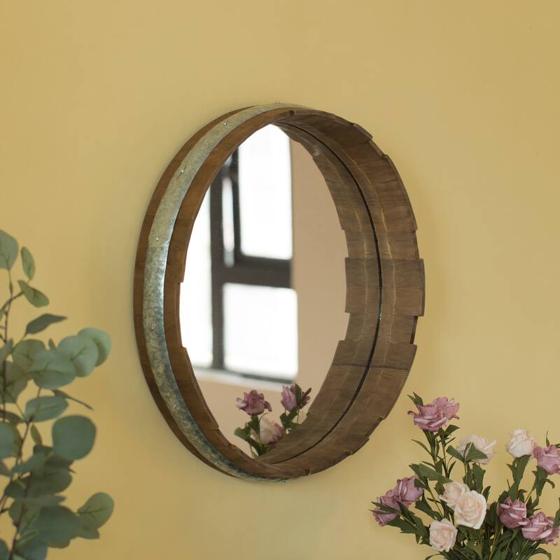 Round Rustic Wood and Galvanized Metal Framed Wine Barrel Shaped Wall Mirror - N/A