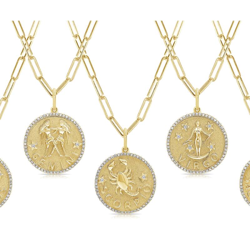 Zodiac Diamond Sign Necklace 14k Gold - Coin Pendant - Yellow Gold Diamond Necklace for Her - Women's Neckace