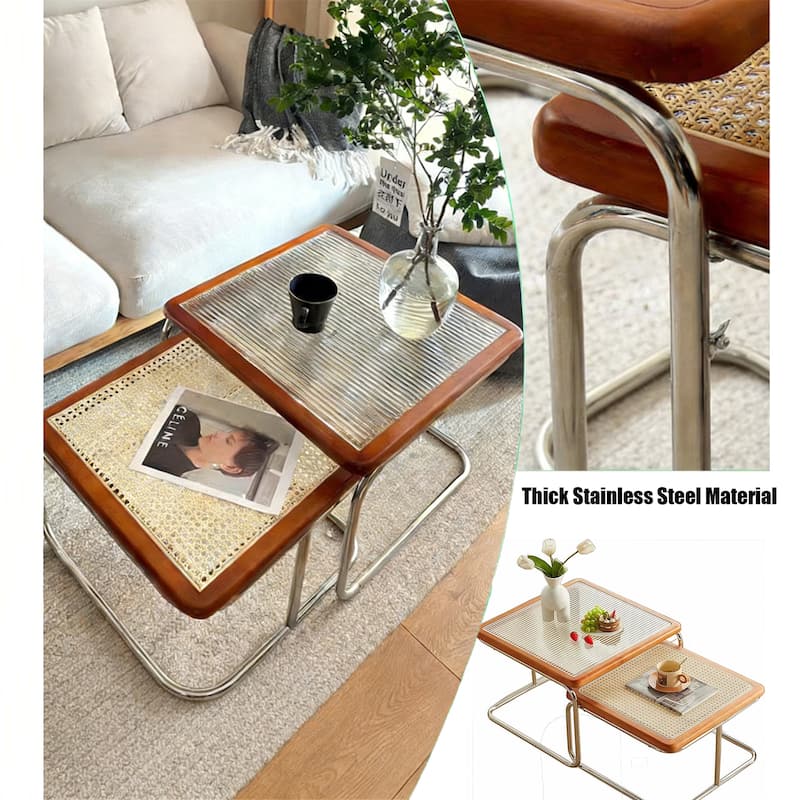Modern Small Cherry Rattan & Glass Nesting Dining Tables